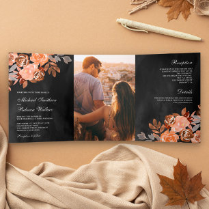Invitation Trois Volets Mariage Floral Terracotta Terreux Rustique Gris Fo