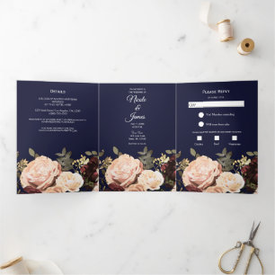 Invitation Trois Volets Mariage floral verdoyant bleu marine bordeaux