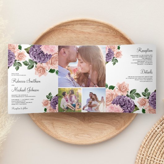 Invitation Trois Volets Mariage floral violet rustique de la pêche Dusty