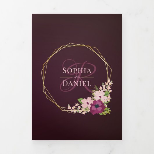 Invitation Trois Volets Mariage géométrique Bourgogne et Fleurs rousses (Page de couverture)