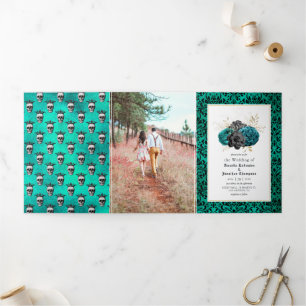 Invitation Trois Volets Mariage gothique floral sarcelle et or photo