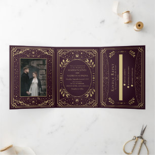 Invitation Trois Volets Mariage gothique Tarot doré vintage Bourgogne
