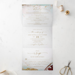 Invitation Trois Volets Mariage hivernal moderne abstrait vin rouge et or