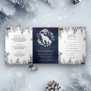 Invitation Trois Volets Mariage hivernal rustique aquarelle Renard arctiqu