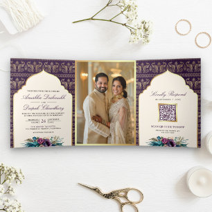 Invitation Trois Volets Mariage indien à motif de paon violet ivoire