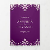 Invitation Trois Volets Mariage indien avec code QR Damassé Violet Rustiqu (Page de couverture)