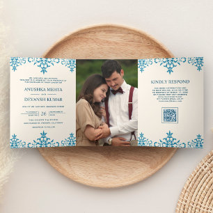 Invitation Trois Volets Mariage indien avec code QR en damas bleu ivoire