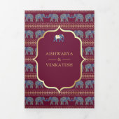 Invitation Trois Volets Mariage indien Blue Gold Elephant de la marine de  (Page de couverture)