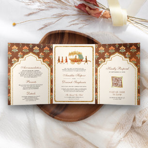 Invitation Trois Volets Mariage indien Chariot Royal Reine Dorée Vintage