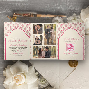 Invitation Trois Volets Mariage indien Cream Rani Rose Ikat Tout en Un