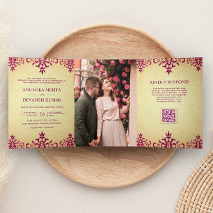 Invitation Trois Volets Mariage indien de code QR ethnique damassé rose vi