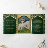 Invitation Trois Volets Mariage indien de style Bollywood vert et or (Intérieur)