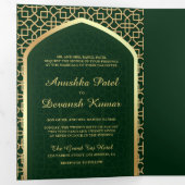 Invitation Trois Volets Mariage indien de style Bollywood vert et or (Intérieur en premier)