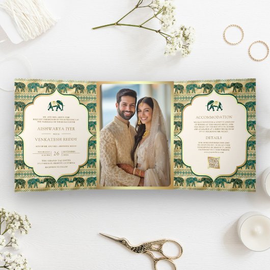 Invitation Trois Volets Mariage indien Emerald Green Gold Elephant