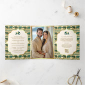 Invitation Trois Volets Mariage indien Emerald Green Gold Elephant (Intérieur)