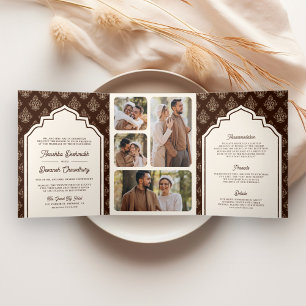 Invitation Trois Volets Mariage indien en ikat marron clair avec collage d