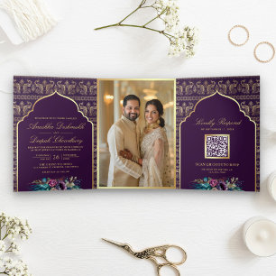 Invitation Trois Volets Mariage Indien Floral Motif Paon Or Pourpre