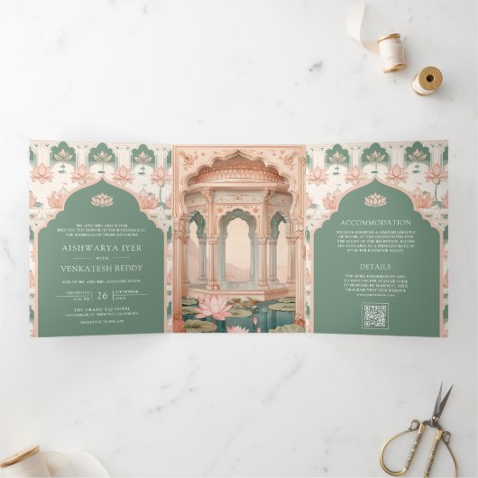 Invitation Trois Volets Mariage indien Lotus Pond Pond Pink (Intérieur)