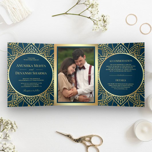 Invitation Trois Volets Mariage indien Mandala d'ethnie bleue et or