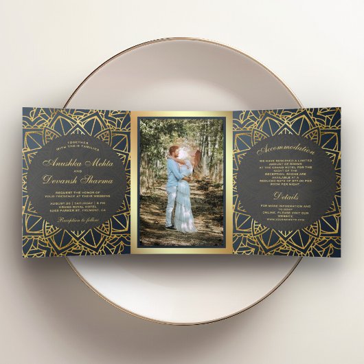 Invitation Trois Volets Mariage indien Mandala Gray Gray moderne