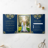 Invitation Trois Volets Mariage indien Mandala traditionnel bleu et or (Intérieur)