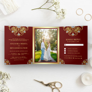 Invitation Trois Volets Mariage indien Mandala traditionnel rouge et or