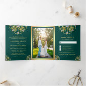 Invitation Trois Volets Mariage indien Mandala traditionnel vert et or (Intérieur)