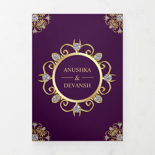 Invitation Trois Volets Mariage indien Mandala traditionnel violet et or (Page de couverture)