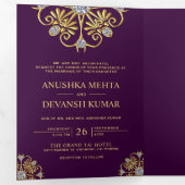 Invitation Trois Volets Mariage indien Mandala traditionnel violet et or (Intérieur en premier)