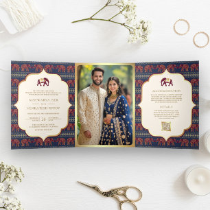 Invitation Trois Volets Mariage indien Navy Blue Burgundy Gold Elephant