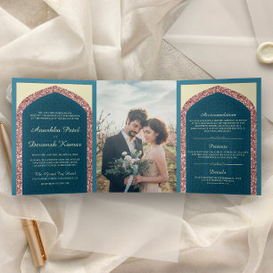 Invitation Trois Volets Mariage Indien Ocean Blue Rose Gold Glitter