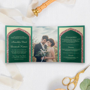 Invitation Trois Volets Mariage Indien Paillettes Rose Or Vert Menthe