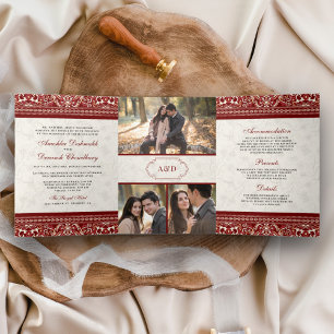 Invitation Trois Volets Mariage indien tout compris avec bordure rouge ivo
