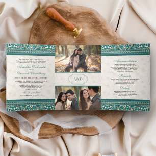 Invitation Trois Volets Mariage indien tout-en-un avec une bordure sarcell