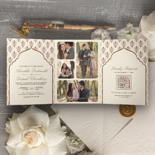 Invitation Trois Volets Mariage indien tout-en-un Crème marron Ikat
