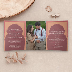 Invitation Trois Volets Mariage Indien Traditionnel Arche Rose Vintage