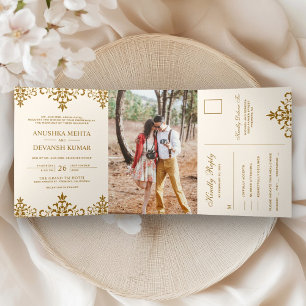 Invitation Trois Volets Mariage indien traditionnel élégant en marron dama