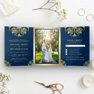 Invitation Trois Volets Mariage Indien Traditionnel Mandala Bleu et Or