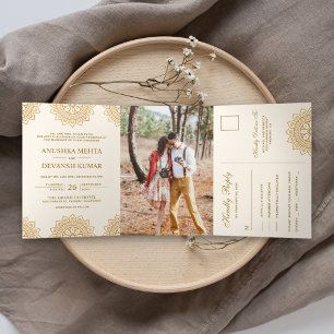 Invitation Trois Volets Mariage indien traditionnel mandala brun élégant