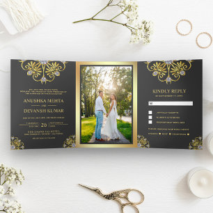 Invitation Trois Volets Mariage indien traditionnel mandala gris et or
