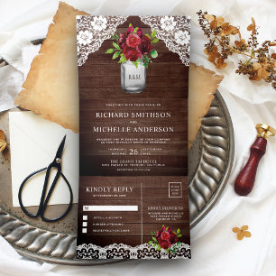 Invitation Trois Volets Mariage Jar Mason Fleur Florale Bois Rustique Bour