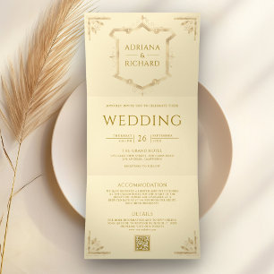 Invitation Trois Volets Mariage Jaune Bouton de Crête QR Code Or Vintage