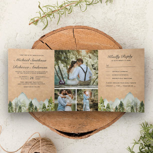 Invitation Trois Volets Mariage Kraft Aquarelle Montagne Pin Rustique