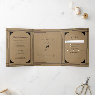 Invitation Trois Volets Mariage Lignes Modernes Kraft Noir Minimal