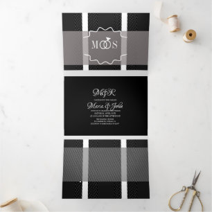 Invitation Trois Volets Mariage Logo Anneau Plaid Gris Blanc Minimaliste