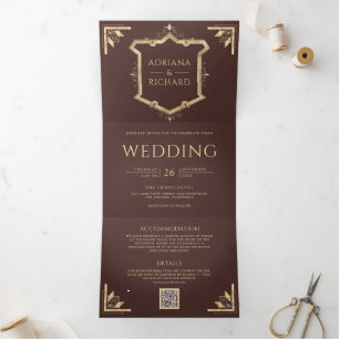 Invitation Trois Volets Mariage Marron Espresso Code QR Couronne Dorée Vin