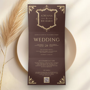Invitation Trois Volets Mariage Marron Espresso Code QR Couronne Dorée Vin