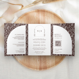 Invitation Trois Volets Mariage Marron Expresso Arche de Feuille d'Art de