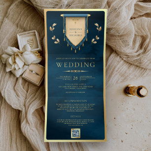 Invitation Trois Volets Mariage Médiéval Antique Ocean Blue Gold Scroll