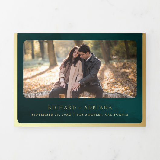 Invitation Trois Volets Mariage médiéval antique Turquoise Gold Soll (Page de couverture)